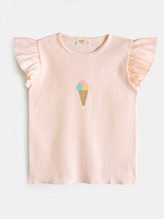 AYSBEBE Kız Çocuk Dondurma Nakışlı Şortlu Kaşkorse Takım Kısa Kollu