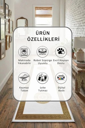 Yıkanabilir Kaymaz Versace Golday Düz Dijital Baskılı Yolluk Halı Tüy Tutmaz Gold