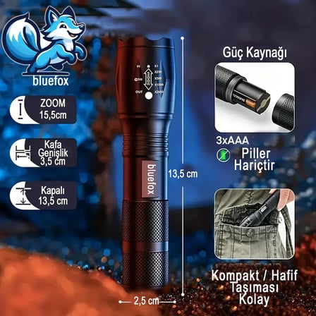 Güçlü LED El Feneri, 10W Ultra Parlak Işık, 5 Farklı Mod, Zoom Özellikli, Dayanıklı Aluminyum Gövde
