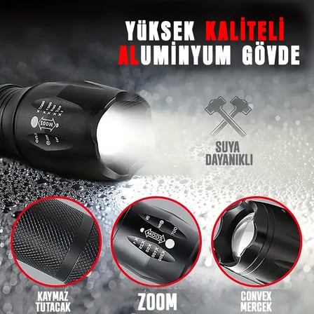 Güçlü LED El Feneri, 10W Ultra Parlak Işık, 5 Farklı Mod, Zoom Özellikli, Dayanıklı Aluminyum Gövde