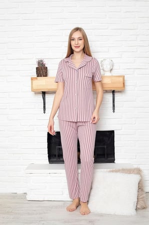 Lacivert Puantiyeli Viskon Pamuklu Biyeli Alt-Üst Pijama Takımı