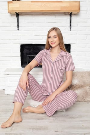 Lacivert Puantiyeli Viskon Pamuklu Biyeli Alt-Üst Pijama Takımı