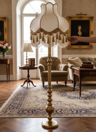 Beyaz Kadife Gold Saçaklı Başlık Gold Ahşap Ayaklı Lambader Vintage Model 170x50cm