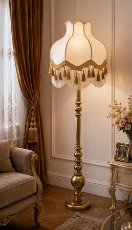 Beyaz Kadife Gold Saçaklı Başlık Gold Ahşap Ayaklı Lambader Vintage Model 170x50cm