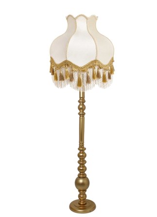 Beyaz Kadife Gold Saçaklı Başlık Gold Ahşap Ayaklı Lambader Vintage Model 170x50cm