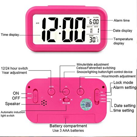 Işık Sensörlü Termometreli Dijital Masa Saati Pembe Renk