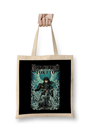 Demon Slayer Muichiro Tokito Beyaz Bez Çanta Uzun Saplı Alışveriş Çantası Plaj Çantası