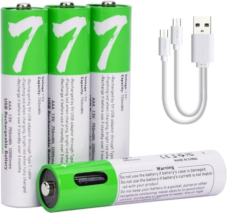USB AAA Lityum iyon Şarj Edilebilir Pil, Yüksek Kapasiteli 1.5V 750mWh Şarj Edilebilir AAA Pil, 1 H Hızlı Şarj, C Tipi Bağlantı Noktası Kablosu ile 1200 Döngü, Sabit Çıkış, 4'lü Paket (4 AAA)…