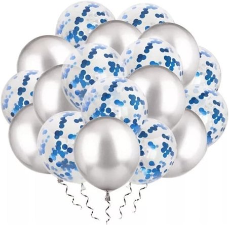 Koyu Mavi Konfetili Şeffaf Balon Ve Metalik Gri Balon Seti 20 Adet