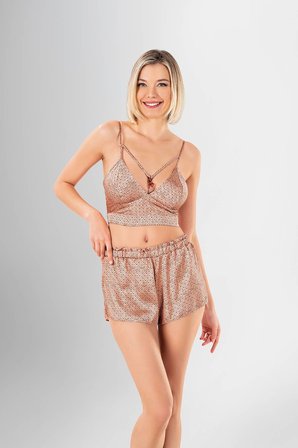 Saten Desenli Sabahlıklı 3'lü Şortlu Pijama Takımı