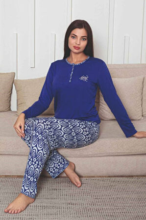 Kadın Etnik Desen 3 Düğmeli Likralı Viskon Mevsimlik Uzun Kol Pijama Takımı