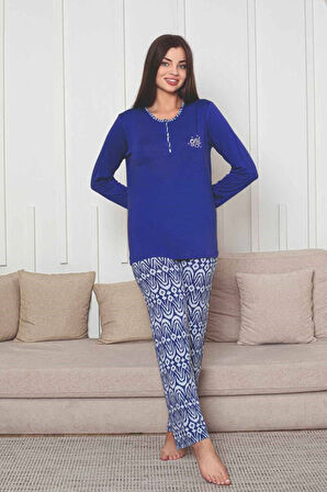 Kadın Etnik Desen 3 Düğmeli Likralı Viskon Mevsimlik Uzun Kol Pijama Takımı