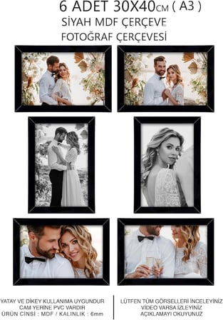 yhfoto 6 Adet 30x40 Siyah Mdf A3 Çoklu Fotoğraf siyah