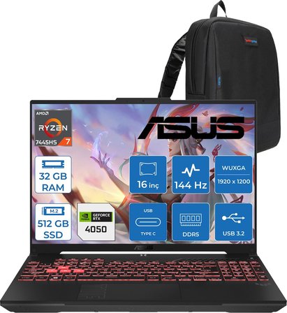 Asus Tuf Gaming A16 (FA607NUG-GAMING) Amd Ryzen™ 7 7445HS 32GB Ddr5 512GB SSD RTX4050/6GB 140W 16-Inch, Fhd+ 16:10 (1920 x 1200, Wuxga) 144Hz IPS Freedos Taşınabilir Bilgisayar RL125F12+ZETTAÇANTA