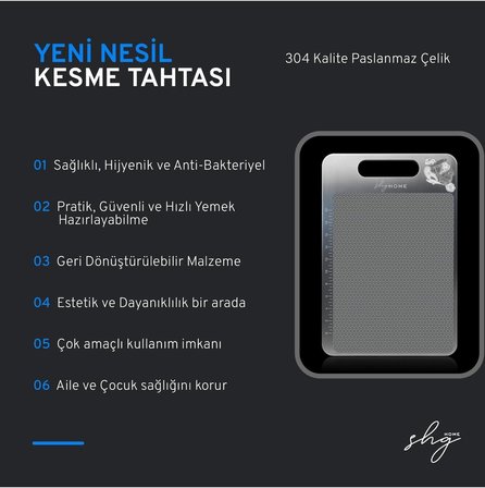 Kaymaz ve Çizilmeyi Az Gösteren 304 Paslanmaz Çelik Kesme Tahtası, Kaydırmaz Mat ile Set (Kesme Tahtası ve Kaydırmaz Mat)1,5 mm Kalınlık, 23 X 34 cm, Yıkanabilir, Gıda Uygun, Hijyenik