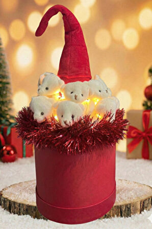 Deluxe 360° Dolu 14 Ayısıyla, Noel ELF Cüce Figürlü Çift LED ışıklı, Özel Konsept Noel Ayıcık Buketi