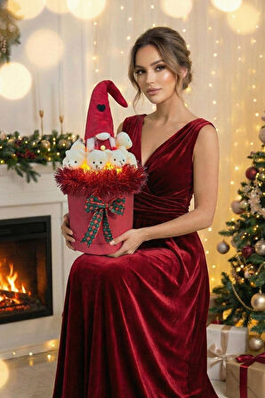 Deluxe 360° Dolu 14 Ayısıyla, Noel ELF Cüce Figürlü Çift LED ışıklı, Özel Konsept Noel Ayıcık Buketi