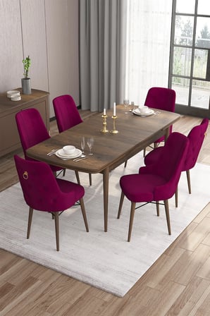 Are Serisi 80x132 Mdf Açılabilir Barok Ahşap Desen Masa Takımı Ve 6 Mürdüm Sandalye