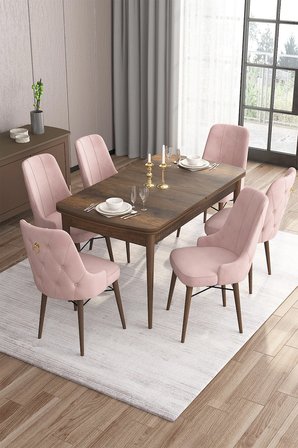 Are Serisi 80x132 Mdf Açılabilir Barok Ahşap Desen Masa Takımı Ve 6 Pembe Sandalye