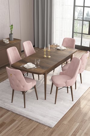 Are Serisi 80x132 Mdf Açılabilir Barok Ahşap Desen Masa Takımı Ve 6 Pembe Sandalye