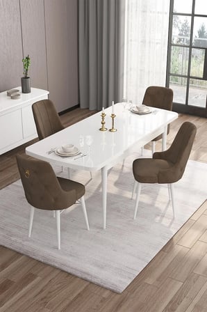 Are Serisi 80x132 Mdf Beyaz Açılabilir Mutfak Masası Takımı Ve 4 Kahverengi Sandalye