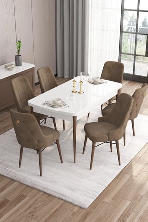 Are Serisi 80x132 Mdf Açılabilir Beyaz Masa Ceviz Ayak Masa Takımı Ve 6 Kahverengi Sandalye