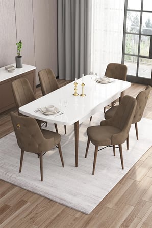 Are Serisi 80x132 Mdf Açılabilir Beyaz Masa Ceviz Ayak Masa Takımı Ve 6 Kahverengi Sandalye