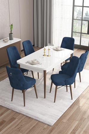 Are Serisi 80x132 Açılabilir Beyaz Masa Ceviz Ayak Masa Takımı 6 Lacivert Sandalye