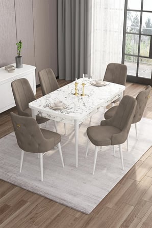 Are Serisi 80x132 Mdf Açılabilir Beyaz Mermer Desen Masa Takımı Ve 6 Cappucino Sandalye