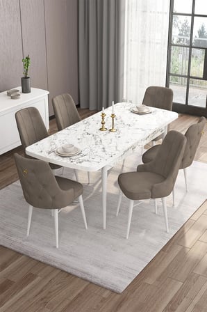 Are Serisi 80x132 Mdf Açılabilir Beyaz Mermer Desen Masa Takımı Ve 6 Cappucino Sandalye
