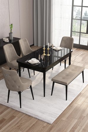 Are Serisi 80x132 Mdf Açılabilir Siyah Mermer Desen Masa Takımı 4 Cappucino Sandalye Ve 1 Bench