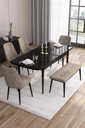 Are Serisi 80x132 Mdf Açılabilir Siyah Mermer Desen Masa Takımı 4 Cappucino Sandalye Ve 1 Bench