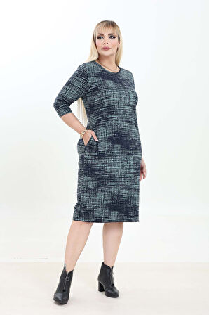 Çift Cepli Desenli Esnek Kışlık Büyük Beden Midi Elbise 24C-2759