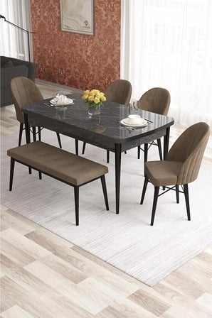 Elf Serisi 80x132 Beyaz Masa Doğal Ahşap Ayak 4 Antrasit Sandalye 1 Bench Gold Halka Masa Takımı
