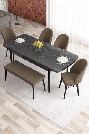 Elf Serisi 80x132 Beyaz Masa Doğal Ahşap Ayak 4 Antrasit Sandalye 1 Bench Gold Halka Masa Takımı