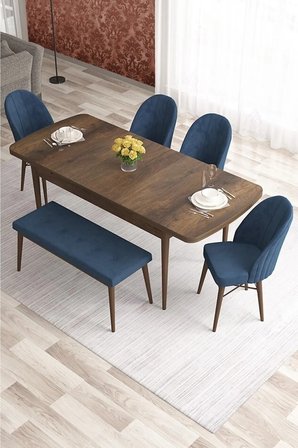 Elf Serisi 80x132 Beyaz Masa Doğal Ahşap Ayak 4 Mürdüm Sandalye 1 Bench Gold Halka Masa Takımı