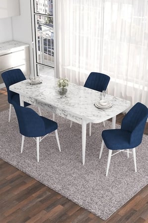 Eva Serisi 80x132 Açılabilir Mdf Mutfak Masası Takımı Beyaz Mermer Desen Masa 4 Lacivert Sandalye