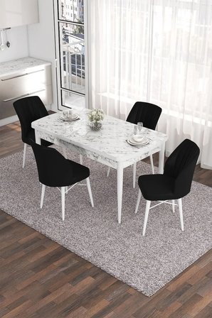 Eva Serisi 80x132 Açılabilir Mdf Mutfak Masası Takımı Beyaz Mermer Desen Masa 4 Siyah Sandalye