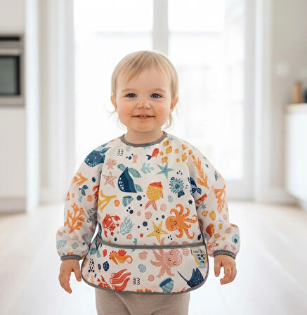 yorni 2-4yaş, SeaWorld, Sıvı Geçirmez, Cepli, Makinede Yıkanabilir, Uzun Kollu, Bebek Çocuk Mama Önlüğü