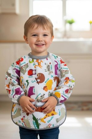 yorni 2-4yaş, Zoo, Sıvı Geçirmez, Cepli, Makinede Yıkanabilir, Uzun Kollu, Bebek Çocuk Mama Önlüğü