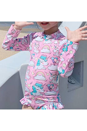 Unicorn Uzun Kollu Pembe Mint Gökkuşağı Balonlu Kız Çocuk Mayo