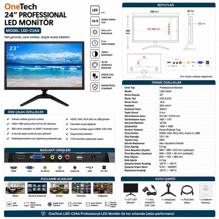 24" Profesyonel LED Monitör | Hdmı VGA USB Rca Hoparlörlü Kumanda 5ms Duvara Montaj OT24R