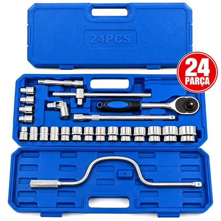 24 Parça 1/2 Inc Dr.socket Set Lokma - Soket - Adaptör - Cırcır Kolu Chrome Vanadıum Metal Çantalı Bx40
