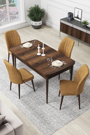 Par Serisi 70x114, Açılabilir Mdf Yemek Masası Barok Ahşap Desen Masa Ve 4 Cappucino Sandalye Takımı