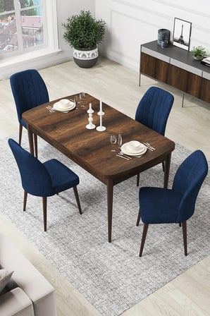 Par Serisi 70x114, Açılabilir Mdf Yemek Masası Barok Ahşap Desen Masa Ve 4 Lacivert Sandalye Takımı
