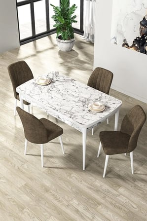 Par Serisi 70x114, Açılabilir Mdf Yemek Masası Beyaz Mermer Desen Masa Ve 4 Kahve Sandalye Takımı