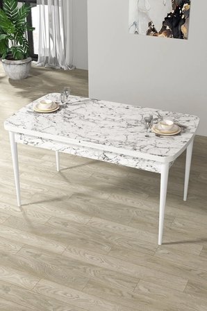 Par Serisi 70x114, Açılabilir Mdf Yemek Masası Beyaz Mermer Desen Masa Ve 4 Kahve Sandalye Takımı