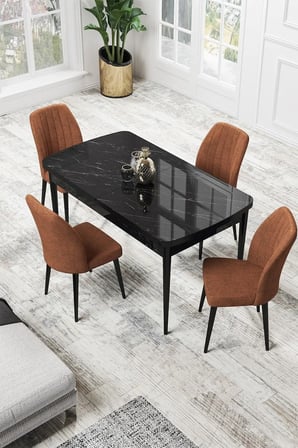 Par Serisi 70x114, Açılabilir Mdf Yemek Masası Siyah Mermer Desen Masa Ve 4 Kiremit Sandalye Takımı