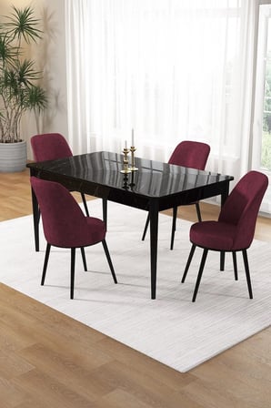 Pir Serisi, 80x130 Sabit Siyah Mermer Desen Mutfak Masası Ve 4 Bordo Sandalye