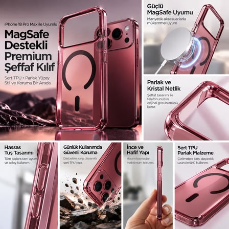 Premium TPU Şeffaf Bordo Kılıf iPhone 18 Pro Max ile Uyumlu MagSafe